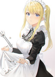 Rule 34 | 1girl, apron, black dress, blonde hair, blue eyes, blush, bolt, breasts, dress, fullmetal alchemist, highres, large breasts, long hair, long sleeves, looking at viewer, maid, maid headdress, nut (hardware), ponytail, seon (seonon ), sidelocks, simple background, solo, swept bangs, winry rockbell, wrench