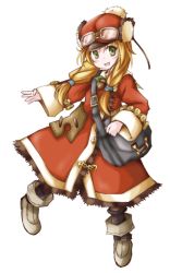 Rule 34 | 1girl, anette, bag, blonde hair, braid, coat, goggles, goggles on head, hat, long hair, rune factory, rune factory frontier, sanari (quarter iceshop), smile, solo, twin braids