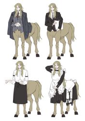 Rule 34 | alternate costume, apron, blonde hair, bow, bowtie, brown hair, butler, centaur, character sheet, chiron (fate), crossed arms, enmaided, fate/apocrypha, fate (series), formal, guttia, hand on own head, jacket, jacket on shoulders, light brown hair, long hair, maid, maid headdress, male focus, multiple persona, necktie, simple background, suit, taur, waiter, white background
