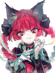 Rule 34 | 1girl, animal ear fluff, animal ears, black bow, black dress, blunt bangs, bow, braid, cat ears, closed mouth, dress, fang, fang out, fingernails, frilled sleeves, frills, green ribbon, hair bow, hands up, highres, juliet sleeves, kaenbyou rin, long hair, long sleeves, looking at viewer, messy hair, nail polish, ndasuzu (n64qd11), nekomata, puffy sleeves, red eyes, red hair, red nails, ribbon, simple background, smile, solo, touhou, twin braids, upper body, white background
