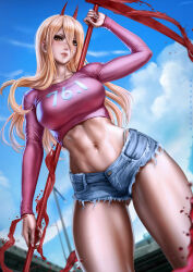 Rule 34 | 1girl, abs, artist name, blonde hair, blood, blue sky, breasts, chainsaw man, cloud, dandon fuga, demon horns, denim, denim shorts, female focus, highres, holding, holding scythe, horns, large breasts, long hair, looking at viewer, midriff, navel, power (chainsaw man), red eyes, red horns, scythe, shorts, sky, solo, stomach