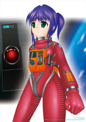 Rule 34 | 1960s (style), 1girl, 2001 a space odyssey, animification, cloud, computer, dave bowman, earth (planet), gender request, genderswap, gloves, green eyes, hal 9000, oekaki, oldschool, parody, planet, ponytail, purple hair, retro artstyle, science fiction, serious, solo, spacesuit, strap, yuu kamisiro