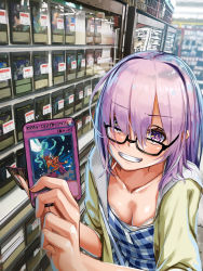 Rule 34 | 1girl, blush, bra, breasts, card, collarbone, downblouse, fate/grand order, fate (series), glasses, harutoshi, highres, holding, holding card, indoors, jacket, looking at viewer, looking over eyewear, magical explosion, mash kyrielight, mash kyrielight (senpai killer outfit), medium breasts, medium hair, official alternate costume, open mouth, purple eyes, purple hair, smile, solo focus, underwear, white bra, yu-gi-oh!