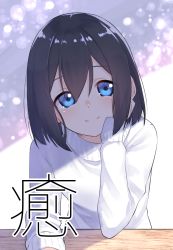 Rule 34 | 1girl, black hair, blue eyes, closed mouth, commentary request, hair between eyes, head tilt, highres, long sleeves, looking at viewer, original, sleeves past wrists, smile, solo, suzunari shizuku, sweater, translation request, upper body, white sweater, yuki arare