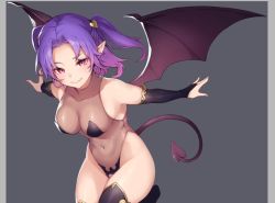 Rule 34 | 1girl, bare shoulders, breasts, cleavage, collared shirt, demon girl, demon tail, demon wings, leg up, medium breasts, nanahara fuyuki, original, pink eyes, purple hair, see-through, see-through cleavage, shirt, short hair, sleeveless, smile, solo, standing, tail, twintails, wings