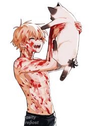 Rule 34 | 1boy, 1other, arm up, artist name, blonde hair, blood, blood on chest, blood on face, blood on hands, cat, chainsaw man, claireiosity, closed eyes, denji (chainsaw man), facing another, highres, open mouth, sharp teeth, short hair, simple background, smile, teeth, topless male, white background, white cat
