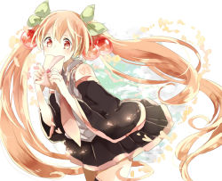 Rule 34 | 1girl, absurdly long hair, black skirt, black thighhighs, bow, brown eyes, brown hair, covering own mouth, cowboy shot, detached sleeves, floating hair, gawako, green bow, grey shirt, hair bow, hair ornament, hatsune miku, heart, heart-shaped pupils, highres, leaning forward, letter, long hair, looking at viewer, miniskirt, necktie, pink necktie, pleated skirt, sakura miku, shirt, simple background, skirt, sleeveless, solo, standing, symbol-shaped pupils, thighhighs, twintails, very long hair, vocaloid, white background