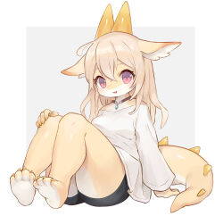 Rule 34 | 1girl, animal ears, arm support, barefoot, black collar, black shorts, blonde hair, border, collar, colored skin, crossed bangs, dragon girl, dragon horns, dragon tail, erumeruta, fang, feet, fingernails, from side, full body, furry, furry female, grey background, hand on own knee, highres, horns, knees up, long sleeves, looking at viewer, medium hair, off-shoulder shirt, off shoulder, open mouth, original, outside border, pendant collar, red eyes, sharp fingernails, shirt, shorts, simple background, sitting, slit pupils, smile, solo, spikes, tail, white border, white shirt, yellow horns, yellow nails, yellow skin