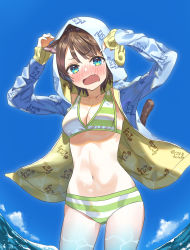 Rule 34 | 1girl, animal ears, bikini, blue eyes, blue sky, blush, breasts, brown hair, cat ears, cat tail, cleavage, clothes writing, cloud, commentary request, cowboy shot, embarrassed, highres, hololive, hood, hooded jacket, hoodie, jacket, looking at viewer, medium breasts, nekomonaka, nose blush, oozora subaru, oozora subaru (hololive summer 2019), short hair, sky, soaking feet, solo, standing, striped bikini, striped clothes, swept bangs, swimsuit, tail, virtual youtuber, wading, water, white jacket