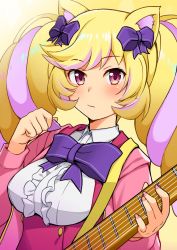 Rule 34 | 1girl, animal ears, blonde hair, blush, breasts, cat ears, closed mouth, expressionless, guitar, hair ornament, hair ribbon, highres, holding, holding instrument, honda naoki, instrument, large breasts, long hair, long sleeves, looking at viewer, mashima himeko (show by rock!!), multicolored hair, purple hair, red eyes, ribbon, show by rock!!, simple background, solo, twintails, upper body, yellow background