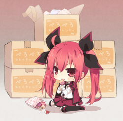 Rule 34 | 10s, 1girl, :d, ahoge, belt, blush, boots, box, candy, cardboard box, chibi, date a live, food, gradient background, hair ornament, impossible clothes, itsuka kotori, licking, lollipop, long hair, long sleeves, looking at viewer, necktie, open mouth, red eyes, red hair, school uniform, sitting, skirt, smile, solo, takamura masaya, tareme, thighhighs, twintails, very long hair