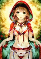 Rule 34 | 1girl, absurdres, blush, braid, breasts, brown hair, cape, comic aun, garter belt, garter straps, green eyes, highres, holding, holding cape, holding clothes, hood, long hair, medium breasts, misaki kurehito, navel, nipples, open mouth, panties, scan, simple background, solo, stomach, twin braids, underwear
