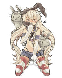 Rule 34 | &gt; &lt;, 10s, 1girl, blonde hair, blush, brown eyes, closed eyes, elbow gloves, fuerudashiwakame, gloves, hairband, kantai collection, kurosuke (hipparu), long hair, looking at viewer, midriff, navel, rensouhou-chan, shimakaze (kancolle), simple background, sitting, skirt, solo, striped clothes, striped thighhighs, tears, thighhighs, torn clothes, torn thighhighs, wariza, white background