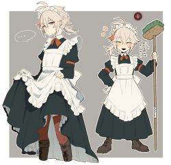 Rule 34 | ..., 1boy, ^ ^, alternate costume, antenna hair, apron, black dress, blush, boots, broom, brown footwear, closed eyes, closed mouth, cross-laced footwear, crossdressing, dress, enmaided, frilled apron, frills, garter straps, genshin impact, grey hair, hair between eyes, hand on own hip, highres, holding, holding broom, kaedehara kazuha, lace-up boots, maid, maid headdress, multicolored hair, multiple views, open mouth, ponytail, red eyes, red legwear, ryu genshin77, simple background, skirt hold, spoken ellipsis, streaked hair, translation request, white apron