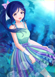 Rule 34 | 1girl, absurdres, aqua bow, aqua dress, aqua skirt, artist name, artist request, back bow, bare legs, bare shoulders, blue hair, blush, bow, breasts, collarbone, cross-laced clothes, cross-laced dress, dress, female focus, fish, frilled dress, frilled skirt, frills, green dress, green skirt, hair between eyes, hair bow, hair over shoulder, high ponytail, highres, holding, holding clothes, holding skirt, long hair, looking at viewer, love live!, love live! school idol festival, love live! sunshine!!, matsuura kanan, medium breasts, motto ne!, ocean, seafloor, parted lips, polka dot, polka dot dress, ponytail, purple bow, purple eyes, reno ichi (reno ynwa), reno ynwa, reynaud (reno sww), see-through, see-through sleeves, single sleeve, skirt, smile, solo, star (symbol), underwater, white wrist cuffs, wrist cuffs