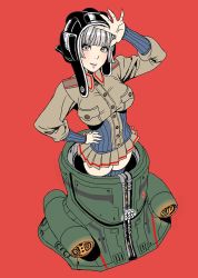 Rule 34 | 1girl, aviator cap, blue thighhighs, blunt bangs, breasts, cherno alpha, cowboy shot, crossover, flat color, from above, grey eyes, hand on own hip, head tilt, jaeger (pacific rim), large breasts, legendary pictures, legs together, mecha, military, military uniform, miniskirt, original, pacific rim, pan pacific defense corps, pink lips, pleated skirt, pocket, red background, robot, silver hair, simple background, skirt, smile, solo, standing, thighhighs, uniform, yamashita shun&#039;ya, zettai ryouiki