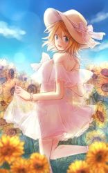 Rule 34 | 1girl, blonde hair, blue eyes, blue sky, bracelet, commentary, day, dress, field, flower, flower field, frilled dress, frilled ribbon, frills, from behind, haine koko, hair ornament, hairclip, halter dress, halterneck, hat, hat ribbon, jewelry, kagamine rin, leg up, looking at viewer, looking back, open mouth, outdoors, ribbon, short hair, skirt hold, sky, smile, solo, standing, sun hat, sundress, sunflower, sunflower field, vocaloid, white dress