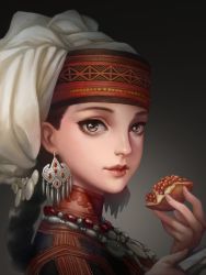 Rule 34 | 1girl, absurdres, amira, bead necklace, beads, black hair, braid, brown eyes, chinese commentary, coin (ornament), commentary, earrings, eyelashes, fingernails, food, from side, fruit, grey background, hands up, head scarf, headdress, highres, holding, holding food, holding fruit, holding knife, jewelry, knife, lips, long hair, looking at viewer, looking to the side, necklace, otoyomegatari, pomegranate, portrait, single braid, solo, zhongfentoudashu
