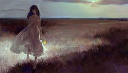 Rule 34 | 1girl, barefoot, black hair, blurry, cloud, cloudy sky, commentary, dark, depth of field, dress, field, flower, grass, highres, holding, holding flower, horizon, landscape, long hair, looking at viewer, original, scenery, sketch, sky, smile, solo, sundress, tentsu, twilight, white dress