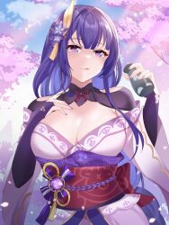 Rule 34 | 1girl, :q, absurdres, blue sky, breasts, cherry blossoms, chinese commentary, cleavage, cloud, commentary, day, genshin impact, hair ornament, highres, holding, japanese clothes, kimono, large breasts, lingshalan, long hair, looking at viewer, obi, off shoulder, purple eyes, purple hair, purple kimono, raiden shogun, red sash, sash, sky, smile, solo, tongue, tongue out, upper body, very long hair