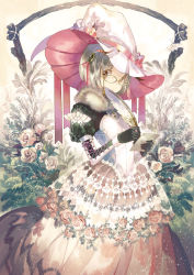 Rule 34 | 1girl, black gloves, bob cut, brown eyes, bug, commentary request, cross-laced clothes, dress, expressionless, feathers, flower, fur collar, glasses, gloves, hair ornament, hat, holding, holding paper, holding quill, insect, juliet sleeves, lace, long sleeves, looking at viewer, moth, noki (affabile), original, paper, pink flower, pink rose, puffy sleeves, quill, rose, short hair, silver hair, solo, standing, white hat, witch hat