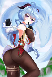 Rule 34 | 1girl, absurdres, artist request, ass, bare shoulders, black pantyhose, blue hair, blush, bodysuit, breasts, cowbell, from behind, ganyu (genshin impact), genshin impact, highres, horns, long hair, looking at viewer, low ponytail, medium breasts, panties, panties under pantyhose, pantyhose, ponytail, purple eyes, shiny clothes, shiny skin, sideboob, smile, solo, thighs, underwear, very long hair