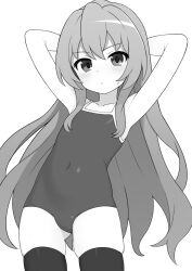 Rule 34 | 1girl, aisaka taiga, arms behind back, black thighhighs, blush, collarbone, commentary, cowboy shot, dot mouth, dot nose, flat chest, greyscale, highres, long hair, looking at viewer, mikoscrub, monochrome, navel, one-piece swimsuit, simple background, skindentation, solo, swimsuit, symbol-only commentary, thighhighs, toradora!, white background