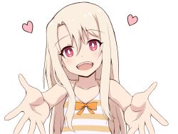 Rule 34 | 1girl, :d, bare arms, bare shoulders, blonde hair, blush, bow, breasts, bright pupils, camisole, collarbone, commentary request, fate/kaleid liner prisma illya, fate (series), hair between eyes, heart, highres, illyasviel von einzbern, long hair, looking at viewer, mitchi, open mouth, orange bow, outstretched arms, reaching, reaching towards viewer, red eyes, simple background, small breasts, smile, solo, striped, striped camisole, teeth, upper teeth only, very long hair, white background, white pupils