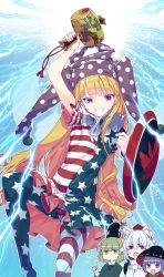 Rule 34 | 4girls, american flag dress, american flag legwear, animal ear fluff, animal ears, arm up, avengers: endgame, avengers (series), black headwear, blonde hair, blue background, blue dress, blue legwear, bowl, bowl hat, breasts, clownpiece, commentary request, dress, electricity, fangs, feet out of frame, green dress, green eyes, green hair, grin, hand up, hat, highres, holding, holding mallet, holding shield, index finger raised, inubashiri momiji, japanese clothes, jester cap, jitome, kimono, leaf print, light particles, lightning bolt symbol, long hair, long sleeves, looking at viewer, mallet, marvel, marvel cinematic universe, miracle mallet, multiple girls, neck ruff, no mouth, no shoes, open mouth, pantyhose, polka dot, polka dot headwear, pom pom (clothes), purple eyes, purple hair, purple headwear, red dress, red eyes, red kimono, red legwear, shield, shirt, short dress, short hair, short sleeves, silver hair, small breasts, smile, soga no tojiko, solo focus, star (symbol), star print, striped clothes, striped dress, striped legwear, striped pantyhose, sukuna shinmyoumaru, tassel, tate eboshi, thighs, tokin hat, touhou, trait connection, v-shaped eyebrows, very long hair, white dress, white legwear, white shirt, wolf ears, zounose
