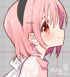 Rule 34 | 1girl, aged up, artist logo, black hairband, blush, brown eyes, close-up, closed mouth, earrings, eyelashes, from side, gakkou gurashi!, grey background, hair behind ear, hair ornament, hair ribbon, hairband, hairclip, jewelry, lace, looking at viewer, looking to the side, official art, pink hair, plaid, plaid background, portrait, profile, ribbon, sideways glance, sideways mouth, signature, smile, solo, spoilers, takeya yuki, tareme, twitter username, white ribbon