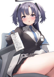 Rule 34 | 1girl, :o, absurdres, bare legs, black gloves, black jacket, blazer, blue archive, blue necktie, blush, breasts, collared shirt, gloves, halo, highres, holding, holding paper, jacket, looking at viewer, mashiro latte (msrn39), medium breasts, miniskirt, necktie, open mouth, paper, pleated skirt, purple eyes, purple hair, shirt, short twintails, simple background, sitting, skirt, solo, thighs, twintails, white background, yuuka (blue archive)