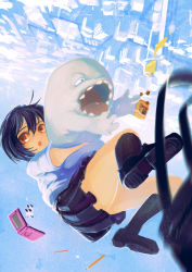 Rule 34 | 1girl, :o, ahoge, bag, black footwear, black hair, black socks, blue sky, blurry, cellphone, cellphone charm, cenco, cencoroll, charm (object), cityscape, cookie, creature, day, depth of field, die letzte (tc), falling, food, hug, hug from behind, kneehighs, lemonade, loafers, looking at viewer, minimized, open mouth, outdoors, pencil, phone, pleated skirt, red eyes, saliva, school bag, school uniform, shirt, shoes, short hair, short sleeves, skirt, sky, socks, spilling, thighs, tongue, upside-down, white shirt, yuki (cencoroll)