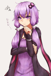 Rule 34 | 1girl, ahoge, bare shoulders, black jacket, blush, closed mouth, collarbone, covered navel, cowboy shot, criss-cross halter, dress, fingerless gloves, gloves, hair ornament, halter dress, halterneck, highres, jacket, long sleeves, looking at viewer, microphone, open clothes, open jacket, purple dress, purple eyes, purple hair, short hair with long locks, sidelocks, solo, thighhighs, totorosu, vocaloid, voiceroid, white background, yuzuki yukari