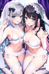 Rule 34 | 2girls, absurdres, alternate costume, armpits, bare shoulders, black hair, blue eyes, bow, bra, breasts, cleavage, colored inner hair, detached collar, detached sleeves, earrings, fingernails, frills, grey hair, hair bow, hand up, highres, jewelry, kaga nazuna, kaga sumire, lingerie, long hair, long sleeves, looking at viewer, medium breasts, multicolored hair, multiple girls, nail polish, navel, open mouth, panties, petals, side-tie panties, small breasts, smile, stomach, streaked hair, string bra, sugiki, thighhighs, thighs, underwear, veil, virtual youtuber, vspo!, white bra, white panties, white thighhighs
