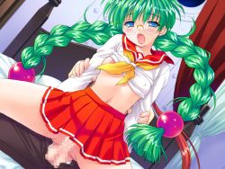 Rule 34 | 1boy, 1girl, alice soft, blue eyes, blush, braid, breasts, censored, cum, cum in pussy, dutch angle, fang, galzoo island, game cg, glasses, green hair, head tilt, indoors, kotodama, kuroda akimi, long hair, looking at viewer, mutsumi masato, open mouth, penis, reverse cowgirl position, school uniform, sex, sex from behind, small breasts, solo focus, straddling, twin braids, twintails, vaginal, very long hair