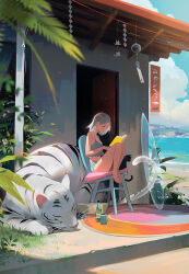 Rule 34 | 1girl, animal, beach, black cat, blurry, blurry foreground, book, cat, chair, cloud, cloudy sky, commentary, cup, day, english commentary, full body, grey hair, grey shirt, highres, holding, holding book, mug, ocean, on chair, original, outdoors, parted bangs, ross tran, sand, shirt, short hair, shorts, sitting, sky, smile, solo, surfboard, tiger, transparent, wind chime