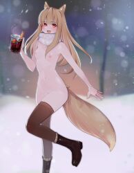 Rule 34 | 1girl, absurdres, animal ears, black footwear, black thighhighs, boots, breasts, brown hair, commentary, completely nude, cup, erroten, eyes visible through hair, fang, highres, holding, holding cup, holo, just shoes, long hair, naked scarf, navel, nipples, nude, open mouth, outdoors, red eyes, scarf, small breasts, smile, snow, snowing, solo, spice and wolf, standing, standing on one leg, steam, tail, tea, thighhighs, variant set, white scarf, wolf ears, wolf girl, wolf tail