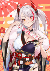 Rule 34 | 1girl, absurdres, azur lane, black choker, black panties, breasts, choker, cleavage, closed mouth, cross, hands up, happy new year, headgear, highres, holding, holding paper, iron cross, japanese clothes, kimono, large breasts, lips, long hair, looking at viewer, mole, mole on breast, multicolored hair, new year, nukege ojisan, obi, obijime, official alternate costume, orange eyes, panties, paper, pelvic curtain, prinz eugen (azur lane), prinz eugen (profusion of flowers) (azur lane), red hair, sash, side-tie panties, smile, solo, streaked hair, swept bangs, textless version, two side up, underwear, upper body, white hair, wide sleeves