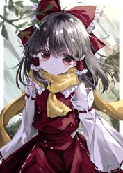 Rule 34 | 1girl, absurdres, ascot, bare shoulders, black hair, blush, bow, brown eyes, closed mouth, detached sleeves, hair bow, hakurei reimu, highres, japanese clothes, kayon (touzoku), long hair, looking at viewer, nontraditional miko, red bow, red skirt, ribbon-trimmed sleeves, ribbon trim, scarf, skirt, solo, touhou, white sleeves, wide sleeves, yellow ascot, yellow scarf
