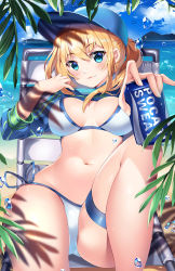 Rule 34 | 1girl, artoria pendragon (fate), baseball cap, bikini, blonde hair, blue eyes, blue hat, blue sky, blush, breasts, card, chair, closed mouth, cloud, commentary, day, fate/grand order, fate (series), fingernails, hair between eyes, hat, highres, holding, holding card, horizon, knee up, large breasts, long hair, long sleeves, looking at viewer, lounge chair, lying, mysterious heroine x (fate), mysterious heroine xx (fate), navel, ocean, on back, on chair, outdoors, pocari sweat, ponytail, shrug (clothing), side-tie bikini bottom, sidelocks, sky, smile, solo, squchan, swimsuit, thigh strap, water, watermark, web address, white bikini