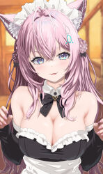 Rule 34 | 1girl, alternate costume, animal ear fluff, animal ears, antenna hair, bare shoulders, black bow, black bowtie, black dress, blue eyes, blurry, blurry background, blush, bow, bowtie, braid, braided bun, breasts, cleavage, commentary request, crossed bangs, detached collar, detached sleeves, double bun, dress, enmaided, eyebrows hidden by hair, eyelashes, fang, fingernails, hair between eyes, hair bun, hakui koyori, hands up, heart-shaped ornament, hexagon hair ornament, highres, hololive, indoors, large breasts, long hair, looking at viewer, maid, maid headdress, nail polish, no bra, open mouth, pink hair, pink nails, sharp fingernails, sidelocks, skin fang, skindentation, smile, solo, sparkling eyes, strapless, strapless dress, tsurime, two side up, upper body, v-shaped eyebrows, very long hair, virtual youtuber, w arms, wakaunderblade7, wolf ears, wolf girl