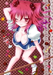 Rule 34 | 1girl, bad id, bad pixiv id, breasts, candy, cherry, cleavage, clog sandals, female focus, food, fruit, hair bobbles, hair ornament, ice cream, jelly bean, large breasts, momose rin, okobo, one eye closed, onozuka komachi, red eyes, red hair, sandals, short hair, solo, touhou, twintails, two side up, wink