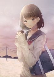 Rule 34 | 1girl, bag, black sailor collar, blush, brown eyes, brown hair, closed mouth, cloud, cloudy sky, commentary request, cup, day, finger gun, highres, holding, holding cup, long sleeves, looking at viewer, mountainous horizon, neckerchief, noda shuha, original, outdoors, red neckerchief, sailor collar, school bag, school uniform, serafuku, short hair, sky, sleeves past wrists, smile, solo, steam, upper body, utility pole