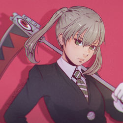 Rule 34 | 00s, 1girl, badge, black jacket, blurry, brown hair, buttons, chromatic aberration, collared shirt, depth of field, eyelashes, formal, gloves, green eyes, hair between eyes, head tilt, holding, holding weapon, jacket, koyorin, lips, looking at viewer, maka albarn, makeup, mascara, necktie, red background, school uniform, scythe, shadow, shirt, solo, soul eater, soul evans, striped necktie, striped neckwear, twintails, upper body, watermark, weapon, web address, white gloves, wing collar