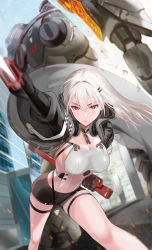 Rule 34 | 1girl, black gloves, breasts, city, gloves, hair ornament, hairclip, highres, holding, holding sword, holding weapon, kfr, large breasts, long hair, looking at viewer, mecha, motion blur, original, outdoors, red eyes, robot, shorts, solo, sword, weapon, white hair