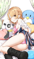 Rule 34 | 1girl, absurdres, ass, bare shoulders, bed, black socks, blonde hair, blush, bow, bow bra, bra, breasts, clothes lift, curtains, highres, isshiki iroha, lace, lace-trimmed bra, lace trim, lifted by self, lying, medium breasts, medium hair, off shoulder, on bed, on side, one eye closed, panties, pink bra, pink panties, plaid, plaid skirt, sahara386, school uniform, shirt, shirt slip, skirt, skirt lift, sobu high school uniform, socks, solo, stuffed toy, underwear, white shirt, yahari ore no seishun lovecome wa machigatteiru., yellow eyes