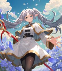 Rule 34 | 1girl, belt, black belt, blue sky, capelet, cloud, dangle earrings, drop earrings, earrings, elf, field, flower, flower field, frieren, green eyes, grey hair, highres, holding, holding staff, jewelry, long hair, looking at viewer, mage staff, pantyhose, pointy ears, shirt, skirt, sky, solo, sousou no frieren, staff, striped clothes, striped shirt, tomo 527, twintails, white capelet, white skirt
