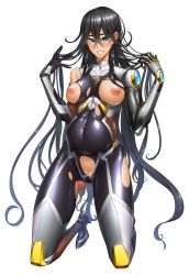 Rule 34 | 1girl, big belly, black hair, blue eyes, blush, bodysuit, breasts, breasts out, curvy, full body, fuuma amane, hair between eyes, heterochromia, highres, kneeling, lilith-soft, long hair, looking at viewer, mechanical arms, medium breasts, nipples, partially visible vulva, pregnant, puffy nipples, shindol, shiny skin, single mechanical arm, skin tight, smile, solo, stomach bulge, sweat, taimanin (series), taimanin asagi, taimanin rpgx, taimanin suit, torn bodysuit, torn clothes, very long hair