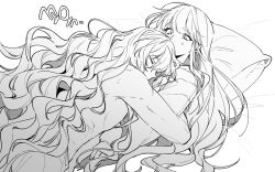 Rule 34 | 1girl, 1other, artist request, degrees of lewdity, hug, ivory wraith, long hair, lying, monochrome, pillow, player character (degrees of lewdity), very long hair