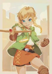 Rule 34 | 1girl, alkemanubis, belt, bike shorts, blonde hair, blue eyes, boots, bow (weapon), braid, cloak, crossbow, gloves, highres, hood, hood down, hooded cloak, jewelry, linkle, long hair, looking at viewer, necklace, nintendo, open mouth, pointy ears, shorts, shorts under skirt, skirt, solo, the legend of zelda, thigh boots, thighhighs, twin braids, weapon, zelda musou